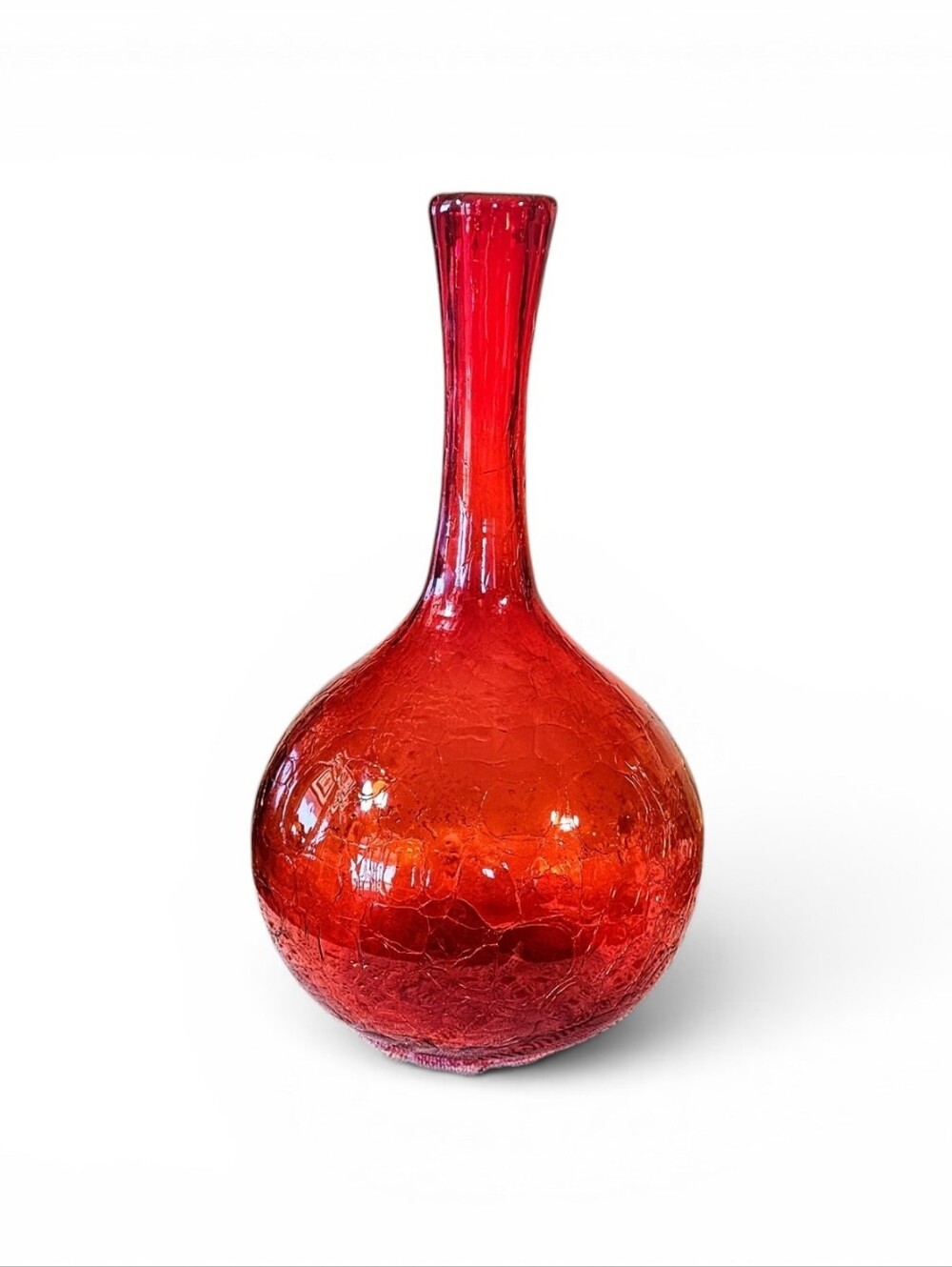 Vintage Blenko ? Bright Red Crackle Glass Fluted Vase 11 in